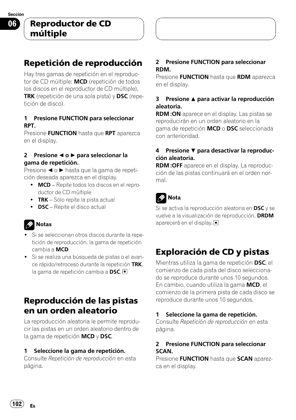 Repetición de reproducción 102, Reproducción de las pistas en un orden, Aleatorio 102 | Exploración de cd y pistas 102, Repetición de reproducción, Reproducción de las pistas en un orden aleatorio, Exploración de cd y pistas, Reproductor de cd múltiple | Pioneer DEH-P360 User Manual | Page 102 / 124