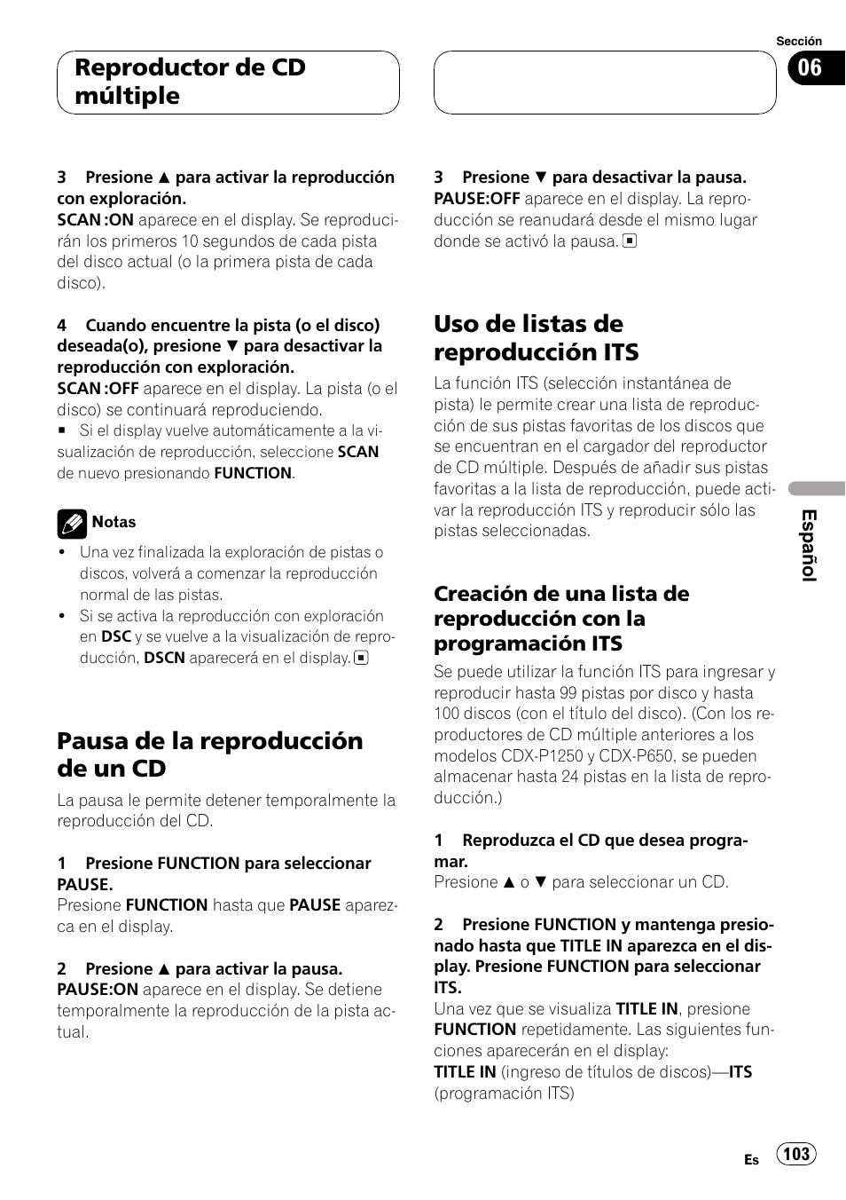 Pausa de la reproducción de un cd 103, Uso de listas de reproducción its 103, Creación de una lista de reproducción | Con la programación its 103, Pausa de la reproducción de un cd, Uso de listas de reproducción its, Reproductor de cd múltiple | Pioneer DEH-P360 User Manual | Page 103 / 124
