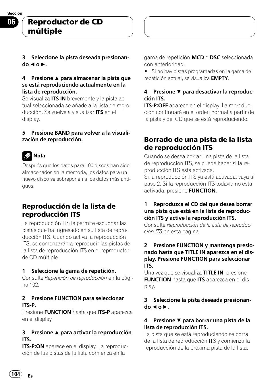 Reproducción de la lista de, Reproducción its 104, Borrado de una pista de la lista de | Reproductor de cd múltiple, Reproducción de la lista de reproducción its | Pioneer DEH-P360 User Manual | Page 104 / 124