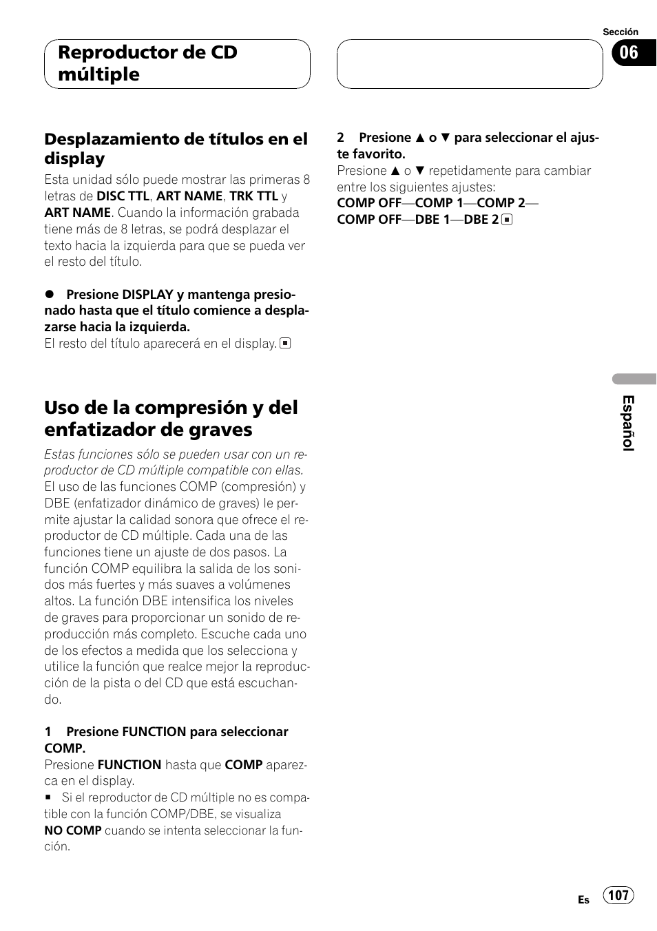 Desplazamiento de títulos en el, Display 107, Uso de la compresión y del enfatizador de | Graves 107, Uso de la compresión y del enfatizador de graves, Reproductor de cd múltiple | Pioneer DEH-P360 User Manual | Page 107 / 124