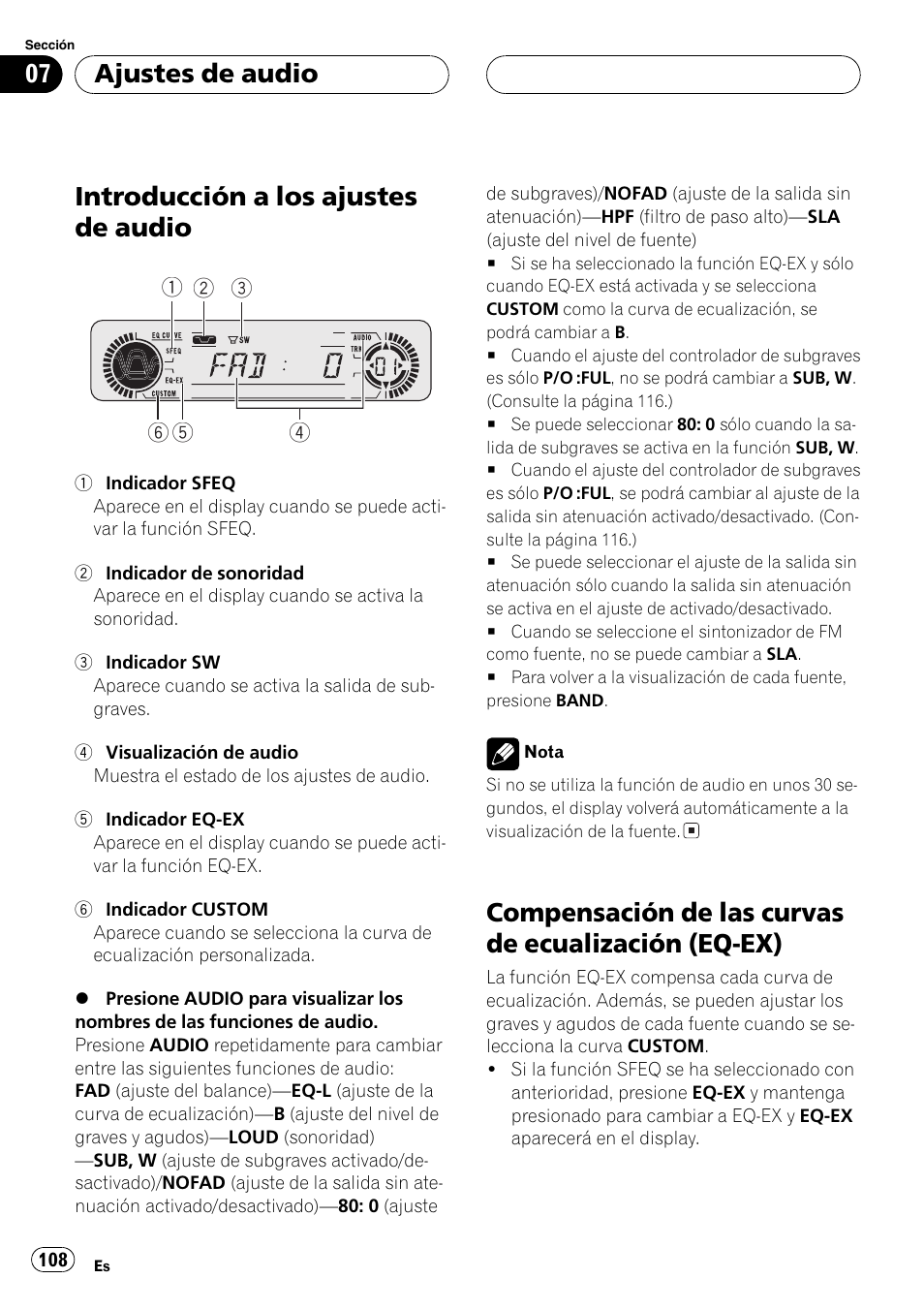 Ajustes de audio, Introducción a los ajustes de audio 108, Compensación de las curvas de ecualización | Eq-ex) 108, Introducción a los ajustes de audio, Compensación de las curvas de ecualización (eq-ex) | Pioneer DEH-P360 User Manual | Page 108 / 124