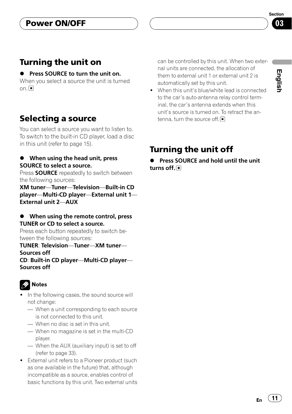 Turning the unit on, Selecting a source, Turning the unit off | Power on/off | Pioneer DEH-P360 User Manual | Page 11 / 124