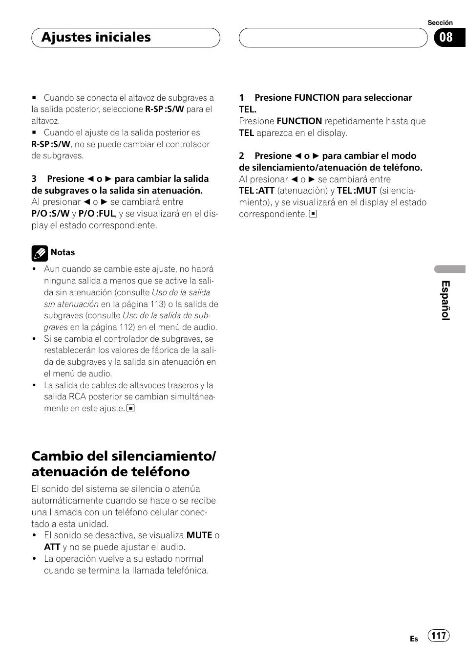 Cambio del silenciamiento/atenuación de, Teléfono 117, Cambio del silenciamiento/ atenuación de teléfono | Ajustes iniciales | Pioneer DEH-P360 User Manual | Page 117 / 124