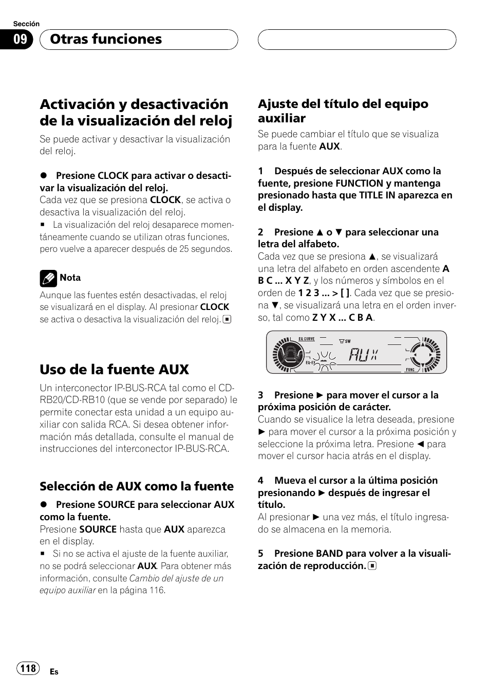 Otras funciones, Activación y desactivación de la visualización, Del reloj 118 | Uso de la fuente aux 118, Selección de aux como la, Fuente 118, Ajuste del título del equipo, Auxiliar 118, Uso de la fuente aux | Pioneer DEH-P360 User Manual | Page 118 / 124