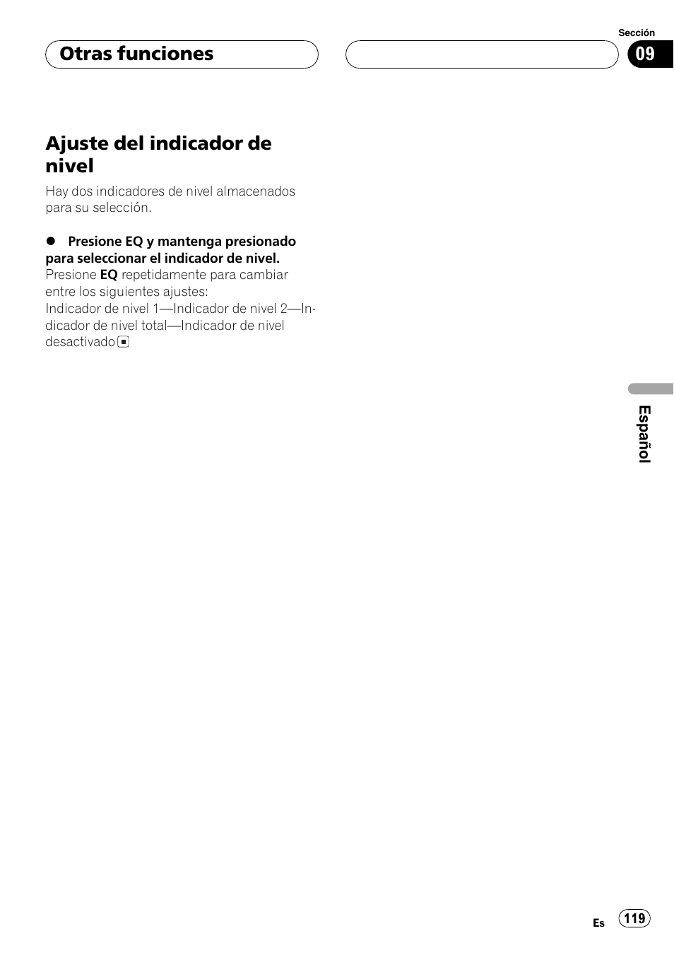 Ajuste del indicador de nivel 119, Ajuste del indicador de nivel, Otras funciones | Pioneer DEH-P360 User Manual | Page 119 / 124