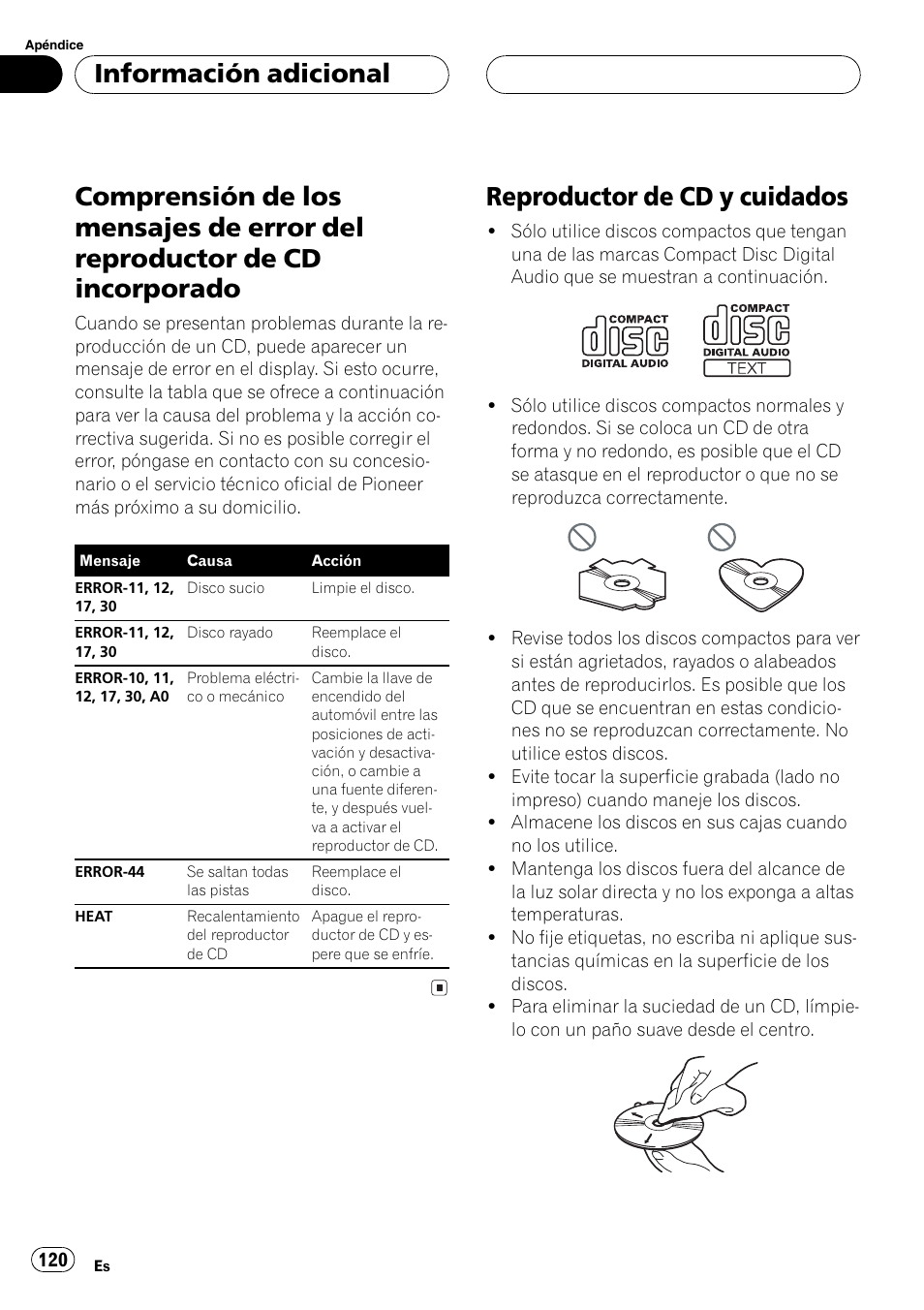 Información adicional, Comprensión de los mensajes de error del, Reproductor de cd incorporado 120 | Reproductor de cd y cuidados 120, Reproductor de cd y cuidados | Pioneer DEH-P360 User Manual | Page 120 / 124