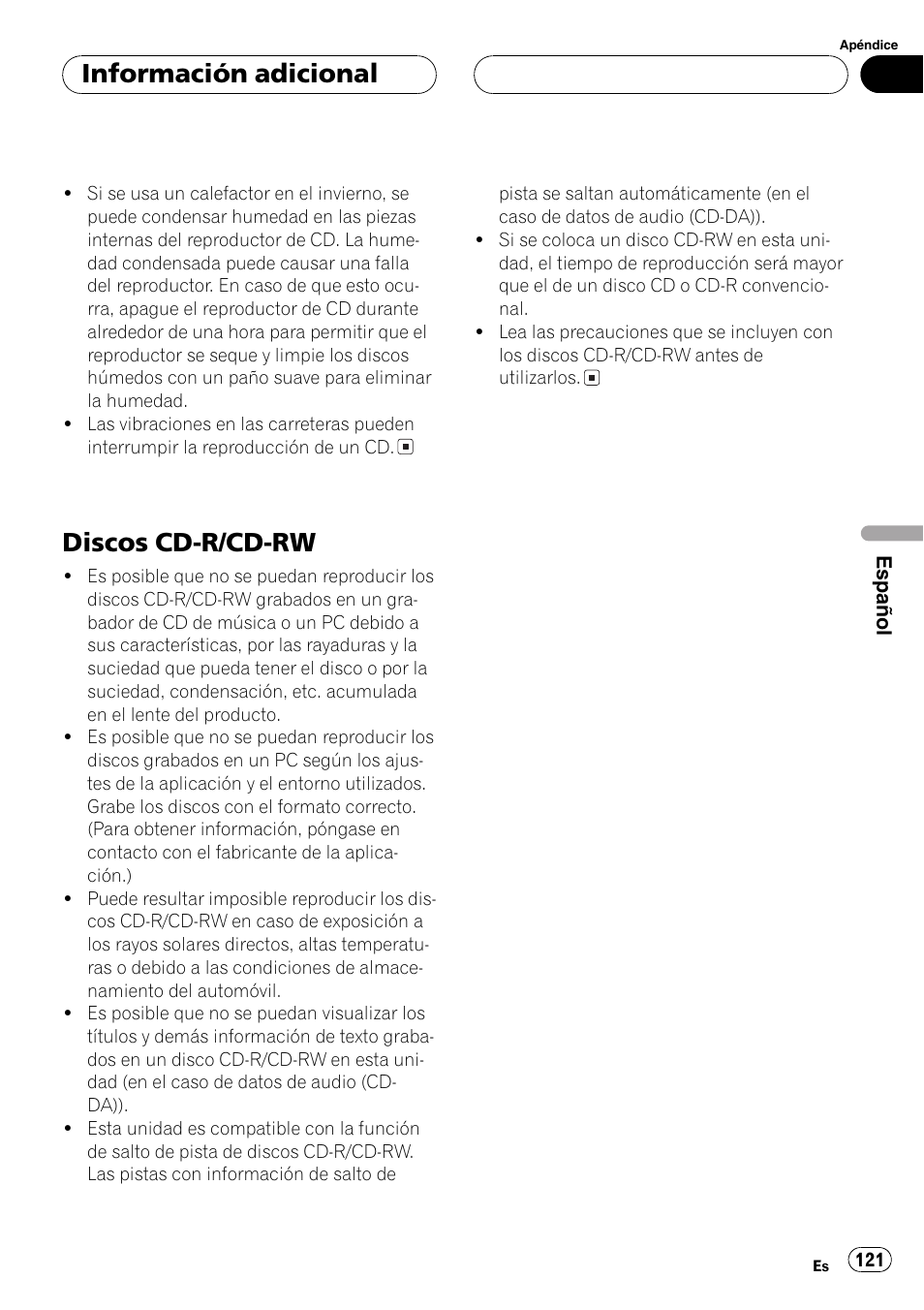 Discos cd-r/cd-rw 121, Discos cd-r/cd-rw, Información adicional | Pioneer DEH-P360 User Manual | Page 121 / 124