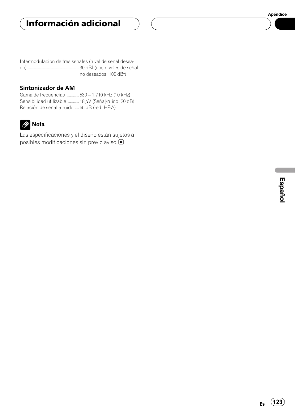 Información adicional, Español | Pioneer DEH-P360 User Manual | Page 123 / 124
