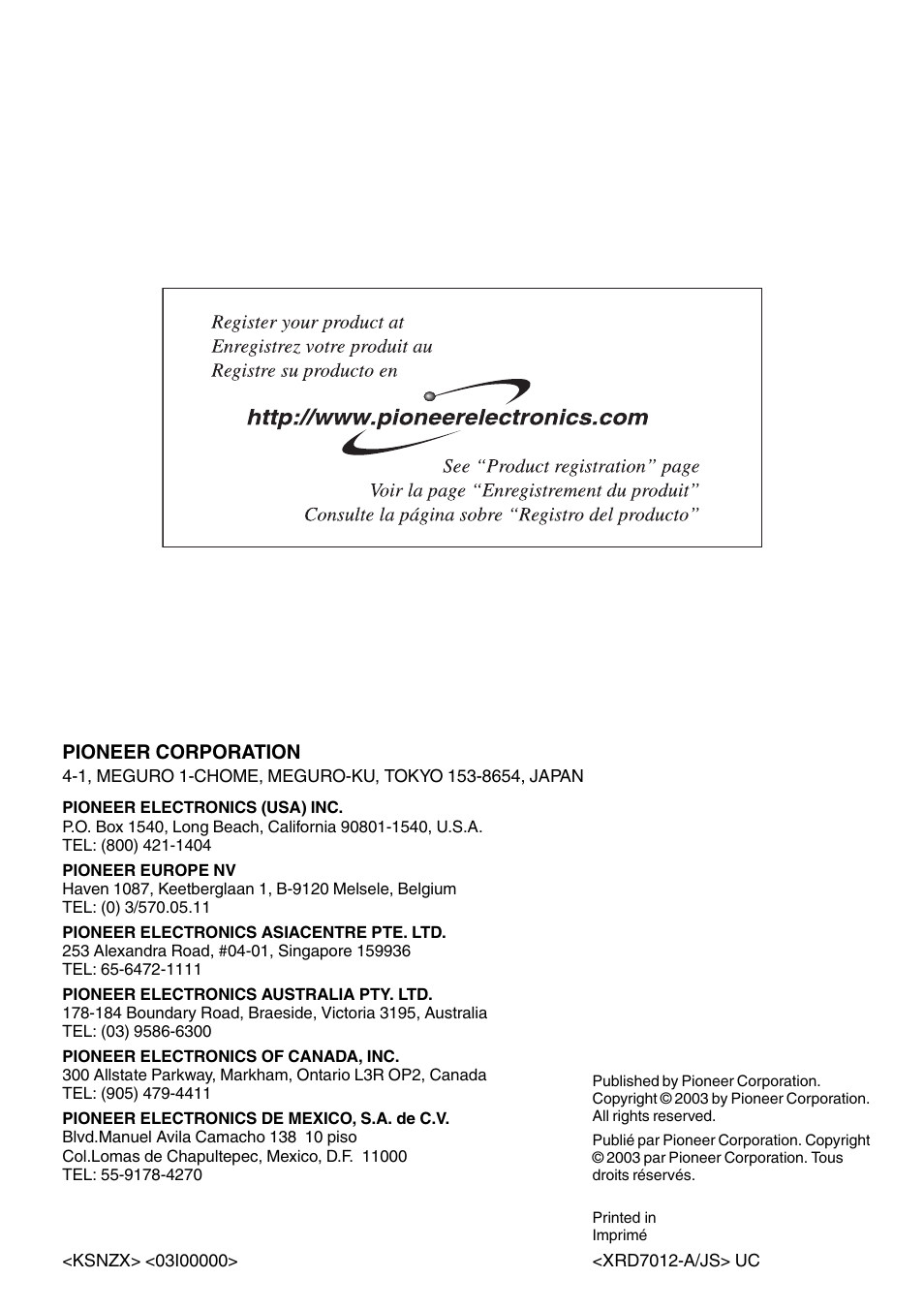 Pioneer corporation | Pioneer DEH-P360 User Manual | Page 124 / 124