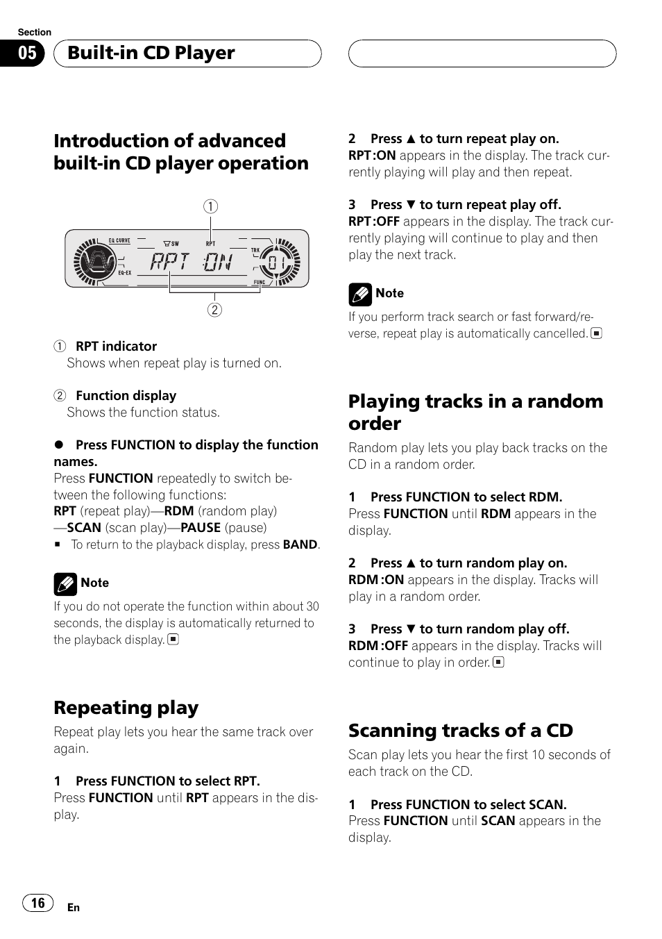 Introduction of advanced built-in cd player, Operation 16, Repeating play | Playing tracks in a random order, Scanning tracks of a cd, Built-in cd player | Pioneer DEH-P360 User Manual | Page 16 / 124