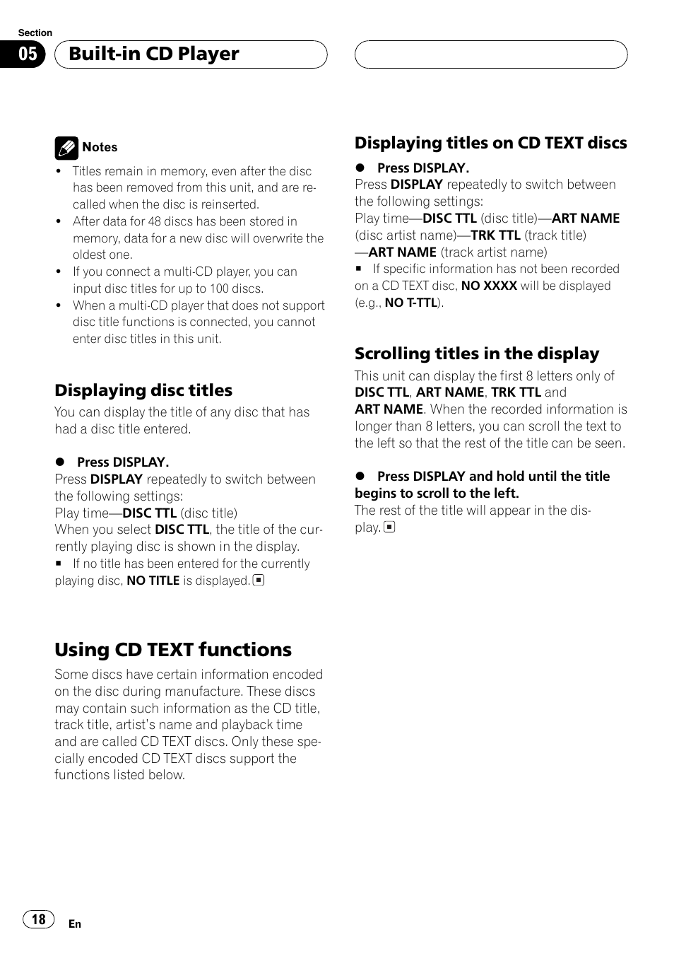 Displaying disc titles 18, Using cd text functions 18, Displaying titles on cd text | Discs 18, Scrolling titles in the display 18, Using cd text functions, Built-in cd player, Displaying disc titles, Displaying titles on cd text discs, Scrolling titles in the display | Pioneer DEH-P360 User Manual | Page 18 / 124