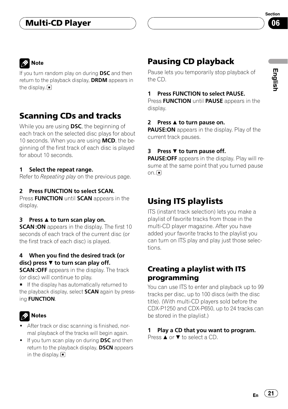 Creating a playlist with its, Programming 21, Scanning cds and tracks | Pausing cd playback, Using its playlists, Multi-cd player, Creating a playlist with its programming | Pioneer DEH-P360 User Manual | Page 21 / 124