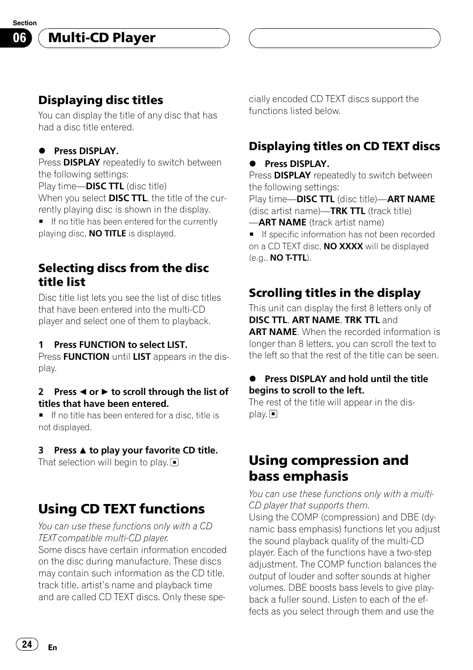 Displaying disc titles 24, Selecting discs from the disc title, List 24 | Using cd text functions 24, Displaying titles on cd text, Discs 24, Scrolling titles in the display 24, Using compression and bass emphasis 24, Using cd text functions, Using compression and bass emphasis | Pioneer DEH-P360 User Manual | Page 24 / 124