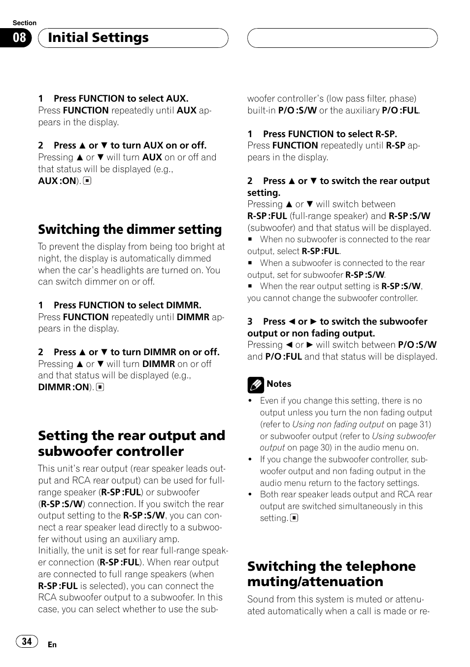 Controller 34, Switching the telephone muting, Attenuation 34 | Switching the dimmer setting, Setting the rear output and subwoofer controller, Switching the telephone muting/attenuation, Initial settings | Pioneer DEH-P360 User Manual | Page 34 / 124