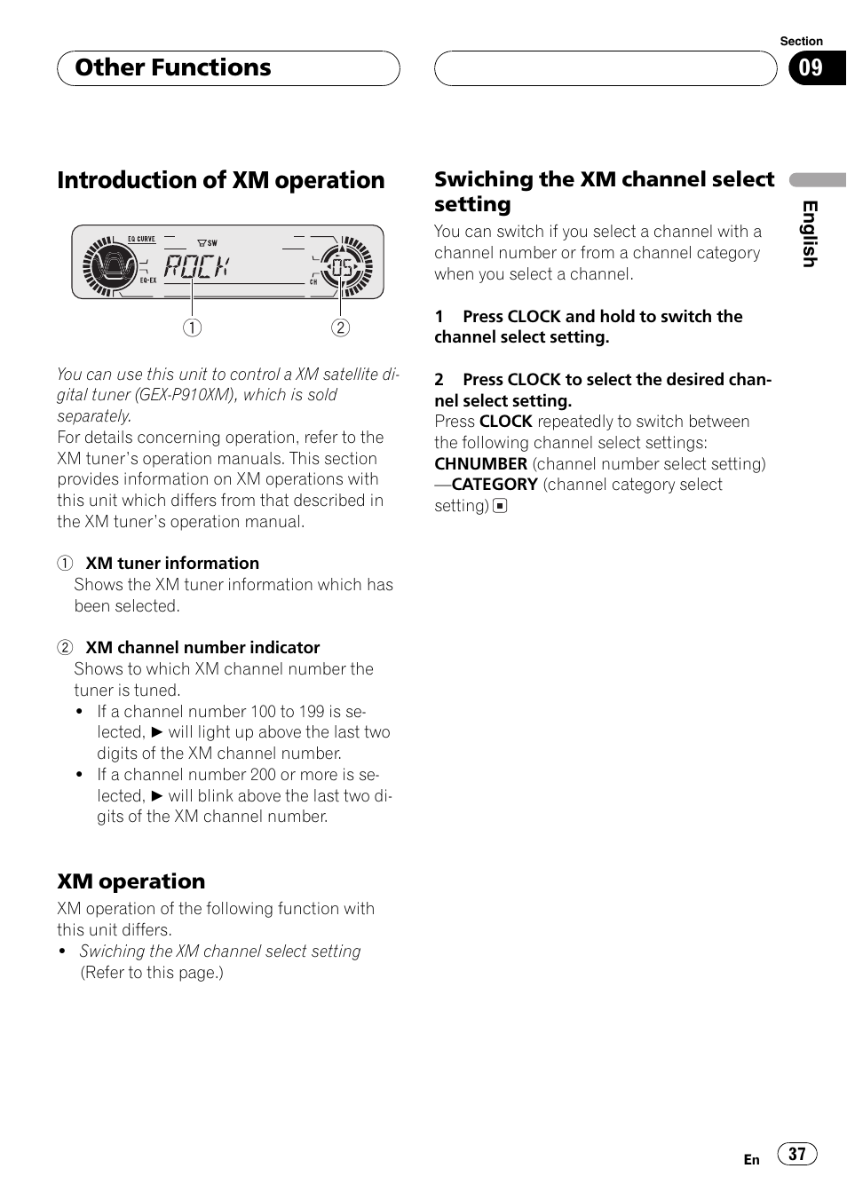 Introduction of xmoperation 37, Xmoperation 37, Swiching the xmchannel select | Setting 37, Introduction of xmoperation, Other functions | Pioneer DEH-P360 User Manual | Page 37 / 124