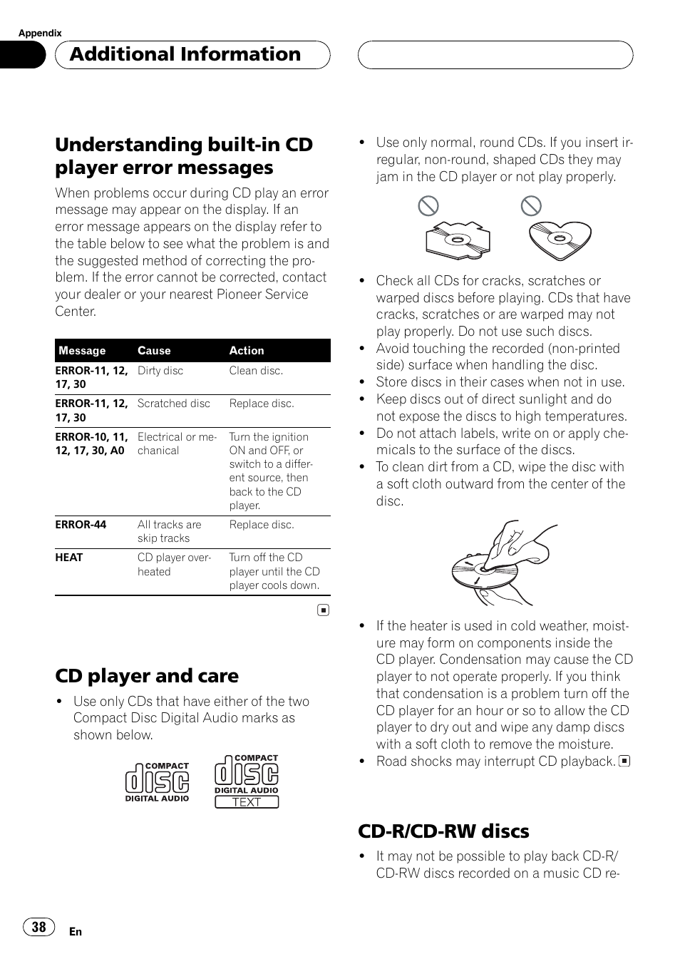 Messages 38, Cd player and care 38 cd-r/cd-rw discs 38, Understanding built-in cd player error messages | Cd player and care, Cd-r/cd-rw discs, Additional information | Pioneer DEH-P360 User Manual | Page 38 / 124