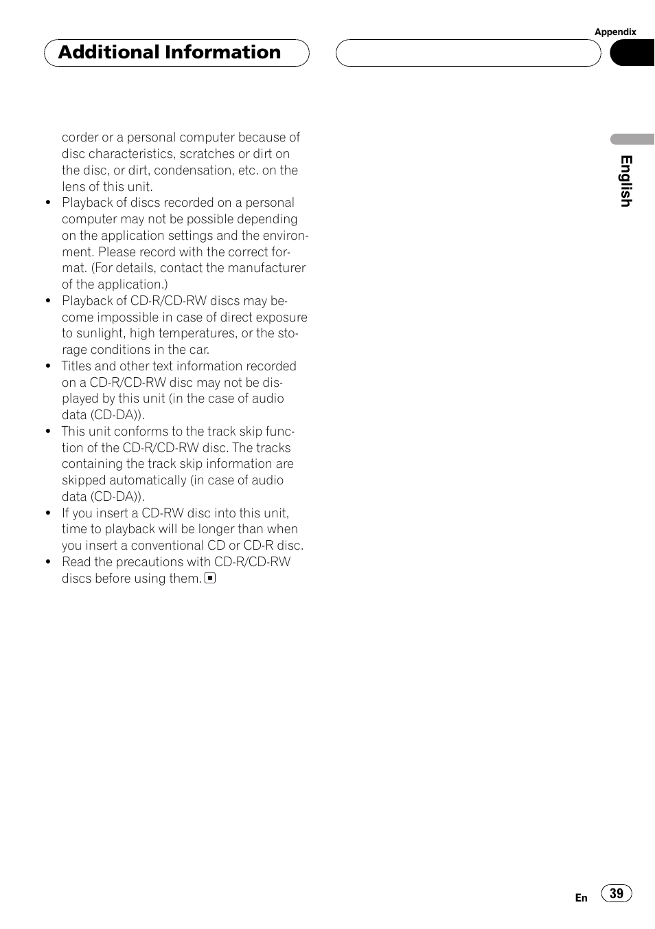 Additional information | Pioneer DEH-P360 User Manual | Page 39 / 124