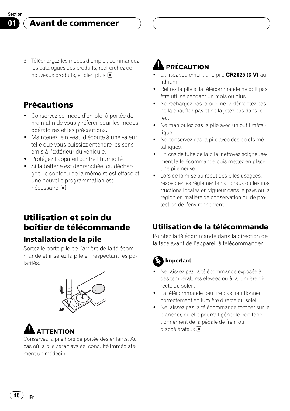 Précautions 46, Utilisation et soin du boîtier de, Télécommande 46 | Installation de la pile 46, Utilisation de la télécommande 46, Précautions, Utilisation et soin du boîtier de télécommande, Avant de commencer, Installation de la pile, Utilisation de la télécommande | Pioneer DEH-P360 User Manual | Page 46 / 124