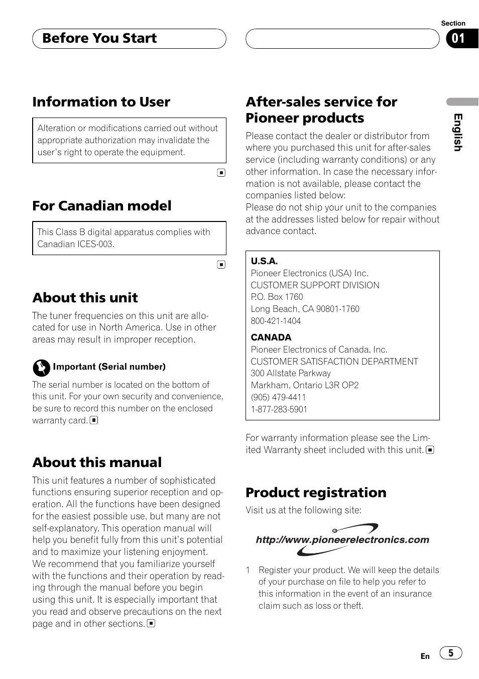 Information to user, For canadian model, About this unit | About this manual, After-sales service for pioneer products, Product registration, Before you start | Pioneer DEH-P360 User Manual | Page 5 / 124