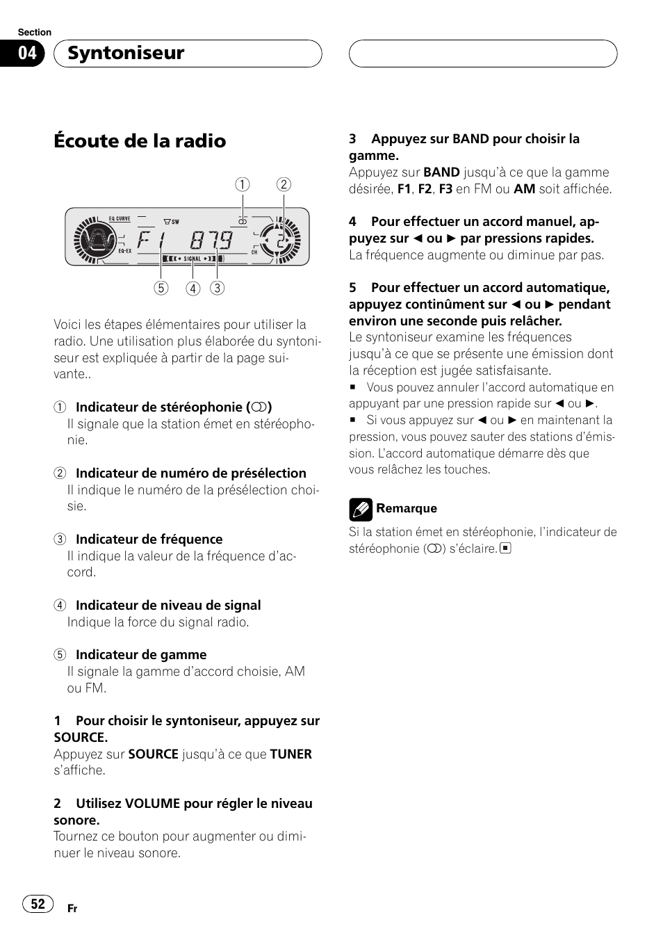 Syntoniseur, Écoute de la radio 52, Écoute de la radio | Pioneer DEH-P360 User Manual | Page 52 / 124