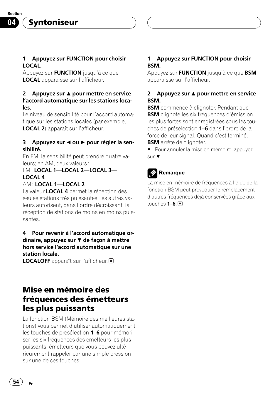 Mise en mémoire des fréquences des, Émetteurs les plus puissants 54, Syntoniseur | Pioneer DEH-P360 User Manual | Page 54 / 124