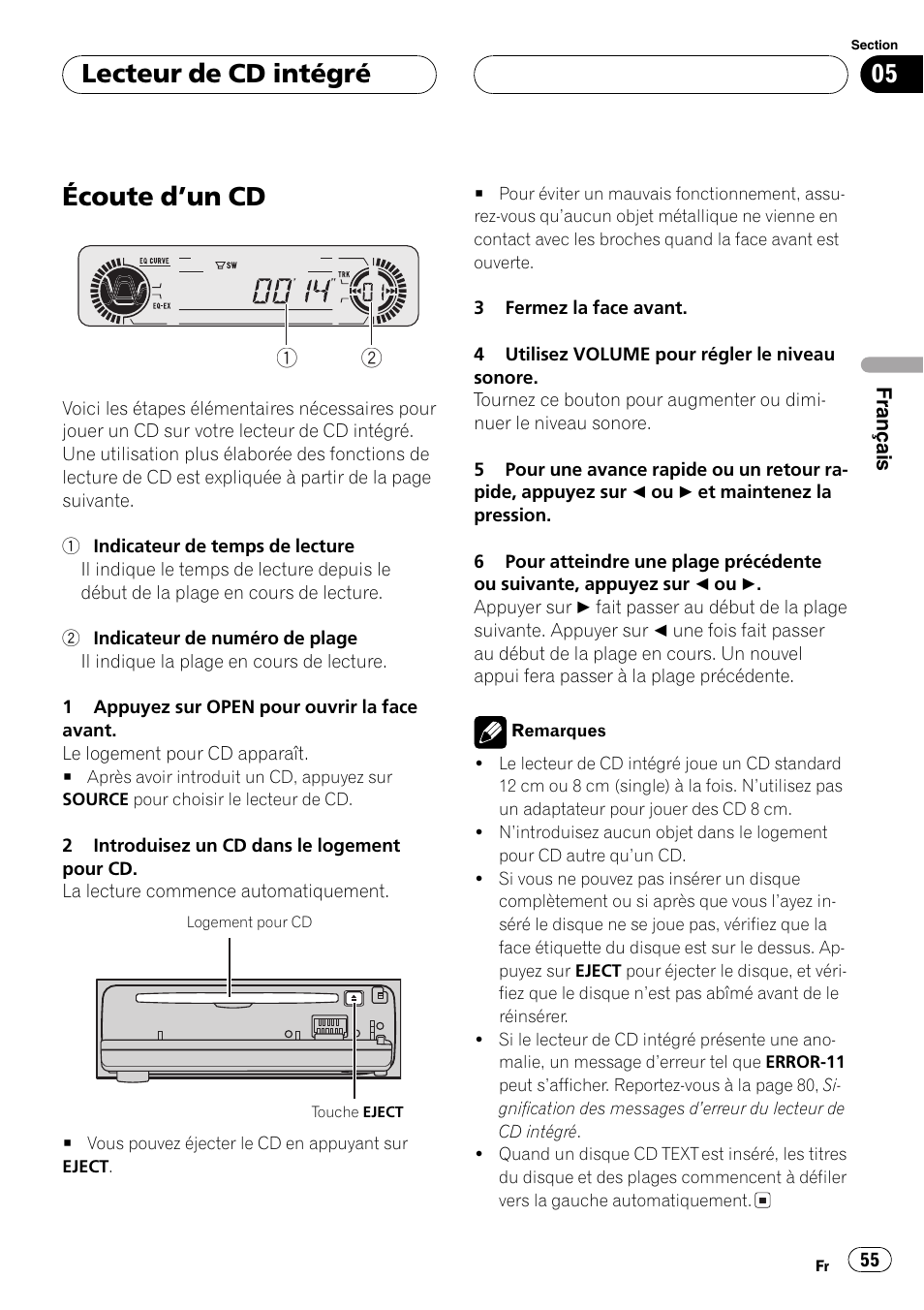 Lecteur de cd intégré, Écoute dun cd 55, Écoute dun cd | Pioneer DEH-P360 User Manual | Page 55 / 124