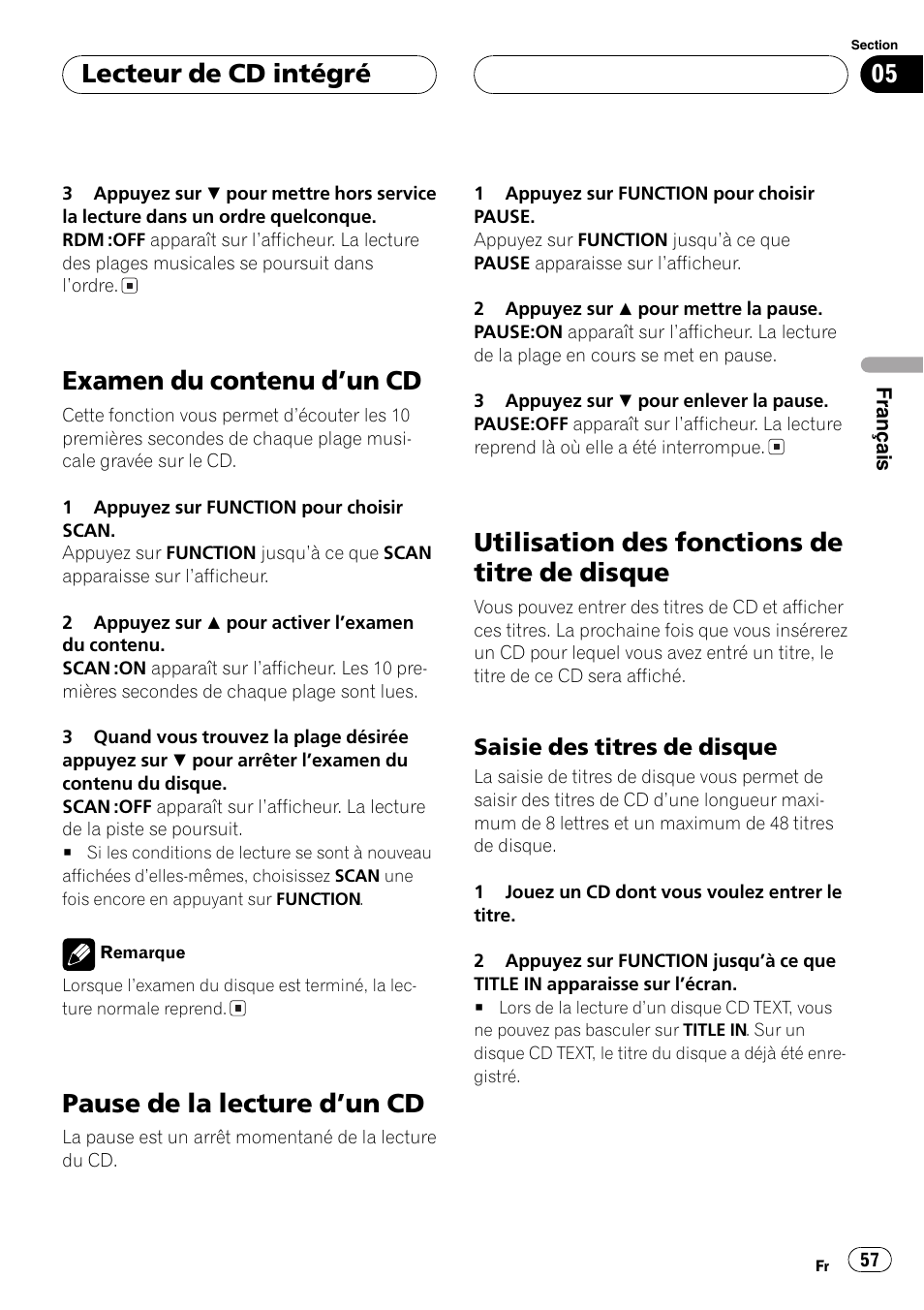 Examen du contenu dun cd 57, Pause de la lecture dun cd 57, Utilisation des fonctions de titre de | Disque 57, Saisie des titres de disque 57, Examen du contenu dun cd, Pause de la lecture dun cd, Utilisation des fonctions de titre de disque, Lecteur de cd intégré | Pioneer DEH-P360 User Manual | Page 57 / 124