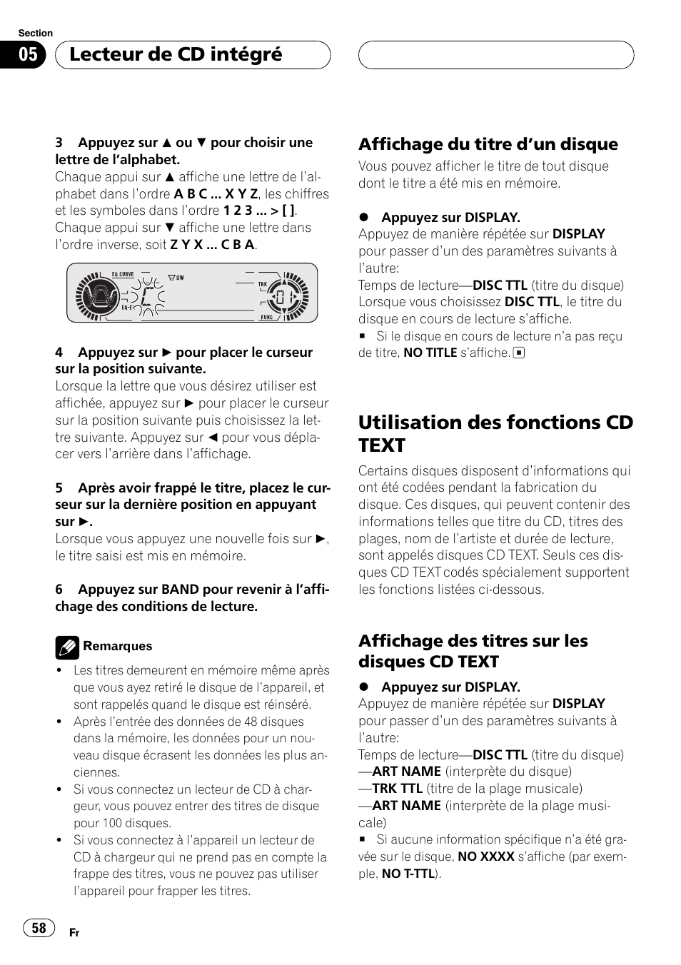 Affichage du titre dun disque 58, Utilisation des fonctions cd text 58, Affichage des titres sur les disques | Cd text 58, Utilisation des fonctions cd text, Lecteur de cd intégré, Affichage du titre dun disque, Affichage des titres sur les disques cd text | Pioneer DEH-P360 User Manual | Page 58 / 124