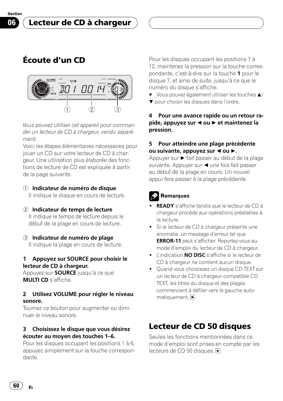 Lecteur de cd à chargeur, Écoute dun cd 60, Lecteur de cd 50 disques 60 | Écoute dun cd, Lecteur de cd 50 disques | Pioneer DEH-P360 User Manual | Page 60 / 124