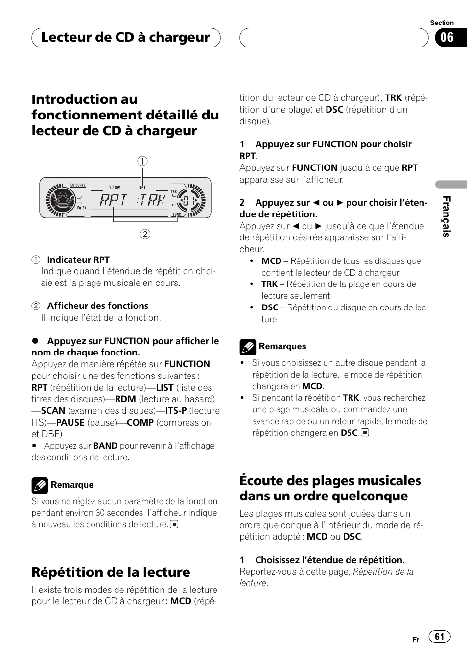 Introduction au fonctionnement détaillé du, Lecteur de cd à chargeur 61, Répétition de la lecture 61 | Écoute des plages musicales dans un ordre, Quelconque 61, Répétition de la lecture, Lecteur de cd à chargeur | Pioneer DEH-P360 User Manual | Page 61 / 124