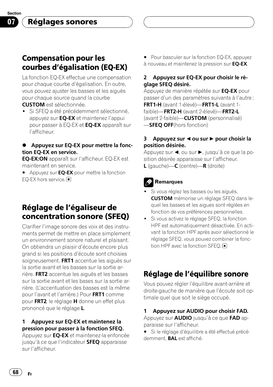 Compensation pour les courbes dégalisation, Eq-ex) 68, Réglage de légaliseur de concentration | Sonore (sfeq) 68, Réglage de léquilibre sonore 68, Réglage de léquilibre sonore, Réglages sonores | Pioneer DEH-P360 User Manual | Page 68 / 124