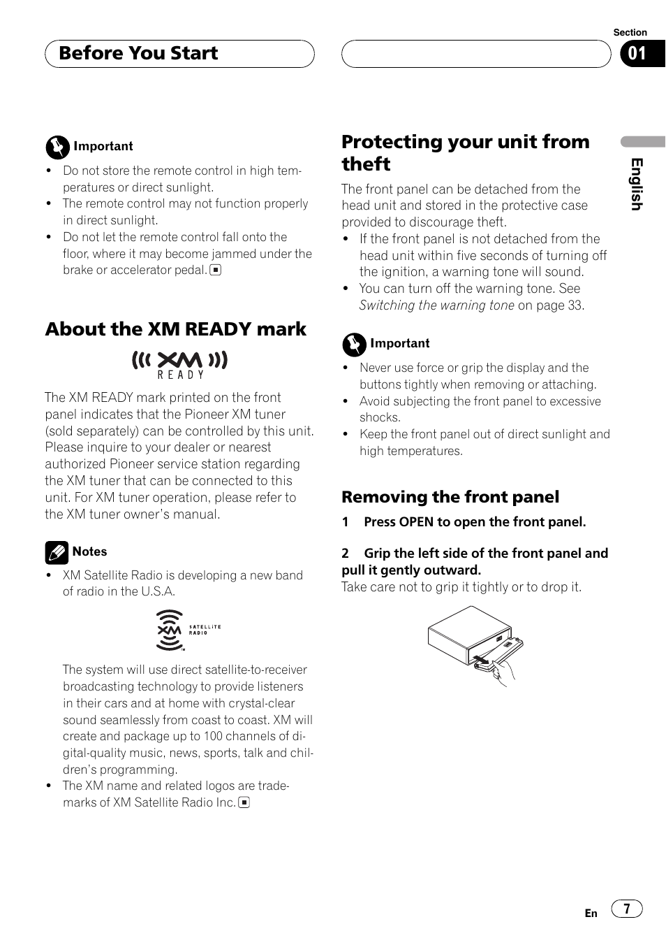 Removing the front panel 7, About the xmready mark, Protecting your unit from theft | Before you start, Removing the front panel | Pioneer DEH-P360 User Manual | Page 7 / 124