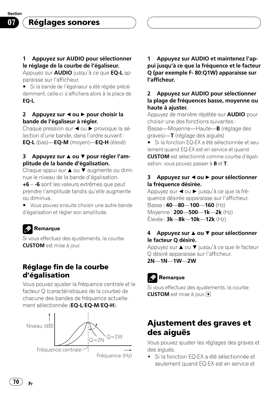 Réglage fin de la courbe, Dégalisation 70, Ajustement des graves et des aiguës 70 | Ajustement des graves et des aiguës, Réglages sonores, Réglage fin de la courbe dégalisation | Pioneer DEH-P360 User Manual | Page 70 / 124