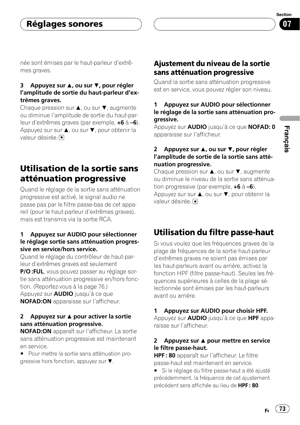 Utilisation de la sortie sans atténuation, Progressive 73, Ajustement du niveau de la sortie | Sans atténuation progressive 73, Utilisation du filtre passe-haut 73, Utilisation du filtre passe-haut, Réglages sonores | Pioneer DEH-P360 User Manual | Page 73 / 124