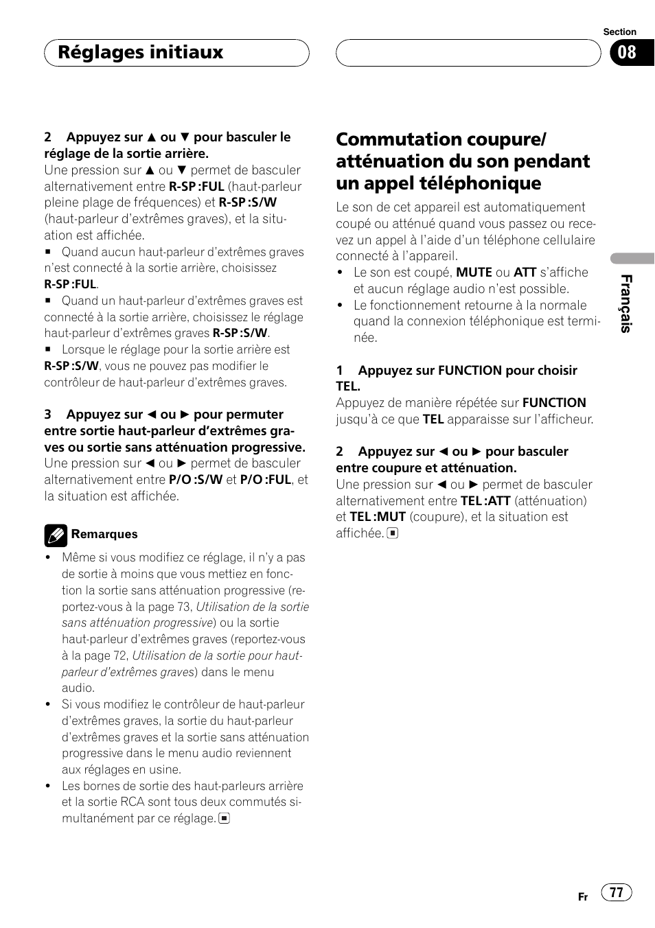 Commutation coupure/atténuation du son, Pendant un appel téléphonique 77, Réglages initiaux | Pioneer DEH-P360 User Manual | Page 77 / 124