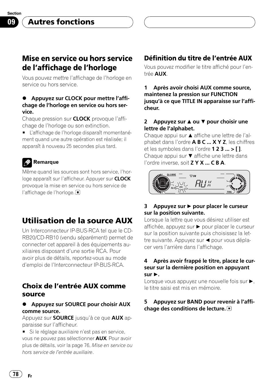 Autres fonctions, Mise en service ou hors service de laffichage, De lhorloge 78 | Utilisation de la source aux 78, Choix de lentrée aux comme, Source 78, Définition du titre de lentrée aux 78, Utilisation de la source aux | Pioneer DEH-P360 User Manual | Page 78 / 124