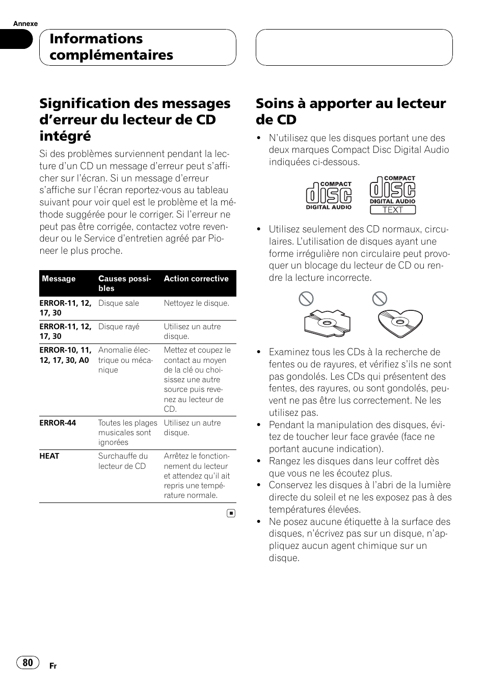 Informations complémentaires, Signification des messages derreur du, Lecteur de cd intégré 80 | Soins à apporter au lecteur de cd 80, Soins à apporter au lecteur de cd | Pioneer DEH-P360 User Manual | Page 80 / 124