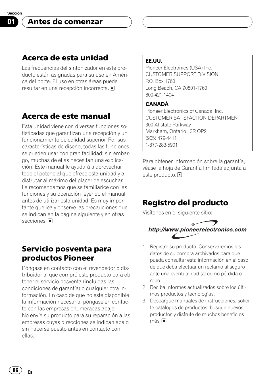 Antes de comenzar acerca de esta unidad 86, Acerca de este manual 86, Servicio posventa para productos | Pioneer 86, Registro del producto 86, Acerca de esta unidad, Acerca de este manual, Servicio posventa para productos pioneer, Registro del producto, Antes de comenzar | Pioneer DEH-P360 User Manual | Page 86 / 124