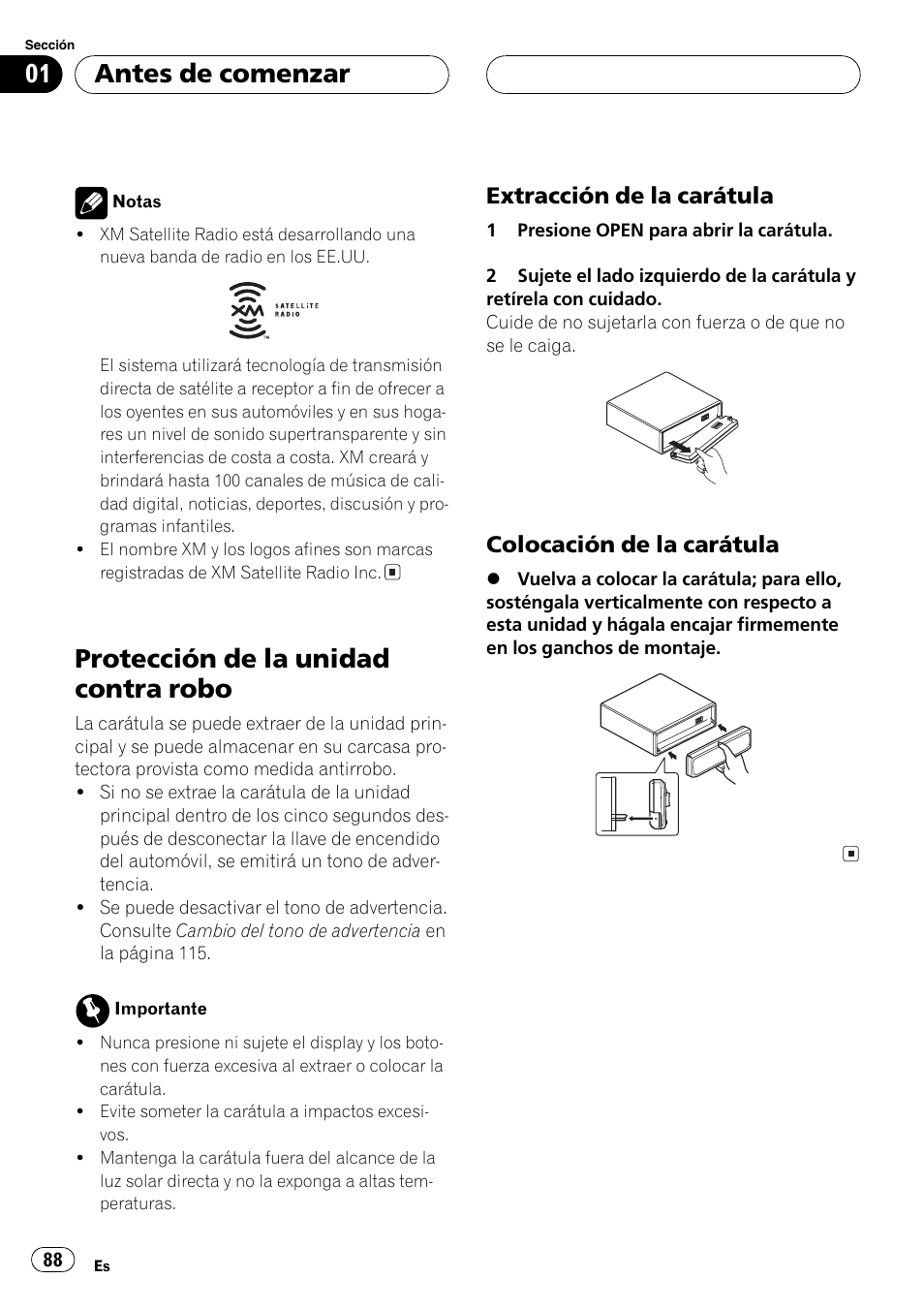 Protección de la unidad contra robo 88, Extracción de la carátula 88, Colocación de la carátula 88 | Protección de la unidad contra robo, Antes de comenzar, Extracción de la carátula, Colocación de la carátula | Pioneer DEH-P360 User Manual | Page 88 / 124