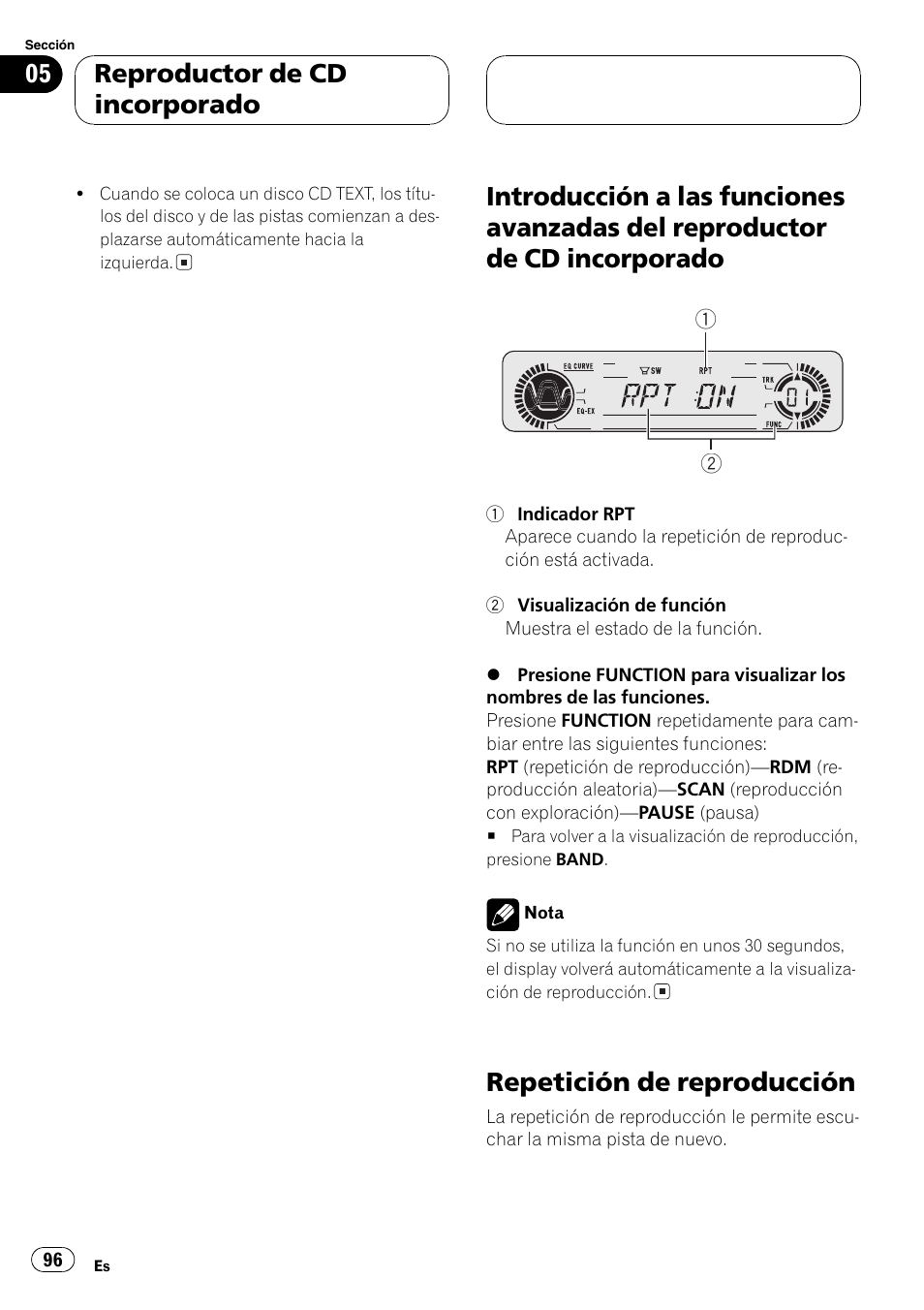 Introducción a las funciones avanzadas del, Reproductor de cd incorporado 96, Repetición de reproducción 96 | Repetición de reproducción, Reproductor de cd incorporado | Pioneer DEH-P360 User Manual | Page 96 / 124