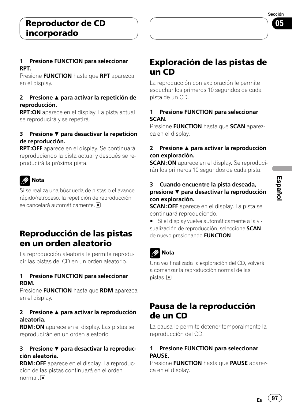 Reproducción de las pistas en un orden, Aleatorio 97, Exploración de las pistas de un cd 97 | Pausa de la reproducción de un cd 97, Reproducción de las pistas en un orden aleatorio, Exploración de las pistas de un cd, Pausa de la reproducción de un cd, Reproductor de cd incorporado | Pioneer DEH-P360 User Manual | Page 97 / 124