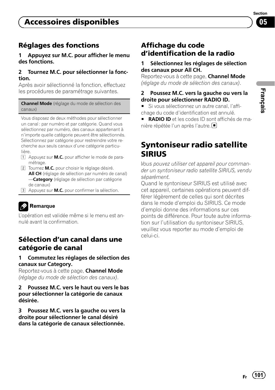 Réglages des fonctions 101, Sélection d’un canal dans une, Catégorie de canal | Affichage du code d’identification de la, Radio, Syntoniseur radio satellite sirius, Un canal, Dans une catégorie de canal.), 05 accessoires disponibles, Réglages des fonctions | Pioneer MVH-P8200BT User Manual | Page 101 / 184