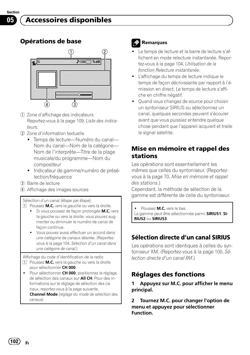 Opérations de base 102, Mise en mémoire et rappel des, Stations | Sélection directe d’un canal, Sirius, Réglages des fonctions 102, 05 accessoires disponibles, Opérations de base, Mise en mémoire et rappel des stations, Sélection directe d ’un canal sirius | Pioneer MVH-P8200BT User Manual | Page 102 / 184