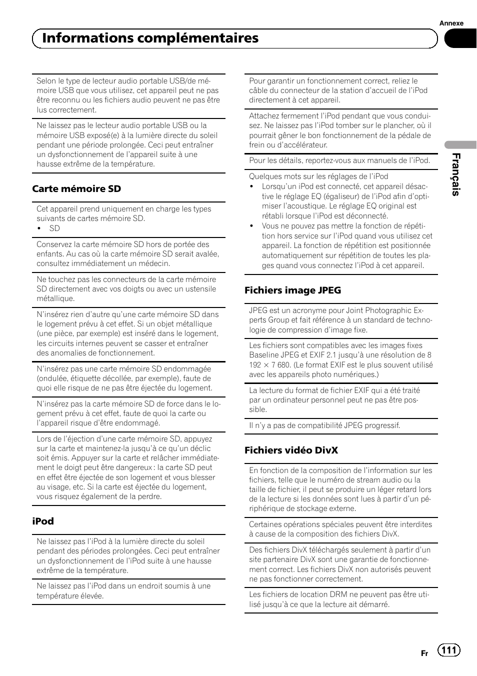 Informations complémentaires, Français, Carte mémoire sd | Ipod, Fichiers image jpeg, Fichiers vidéo divx | Pioneer MVH-P8200BT User Manual | Page 111 / 184
