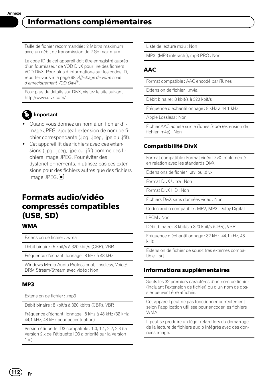 Formats audio/vidéo compressés, Compatibles (usb, sd), Informations complémentaires | Pioneer MVH-P8200BT User Manual | Page 112 / 184