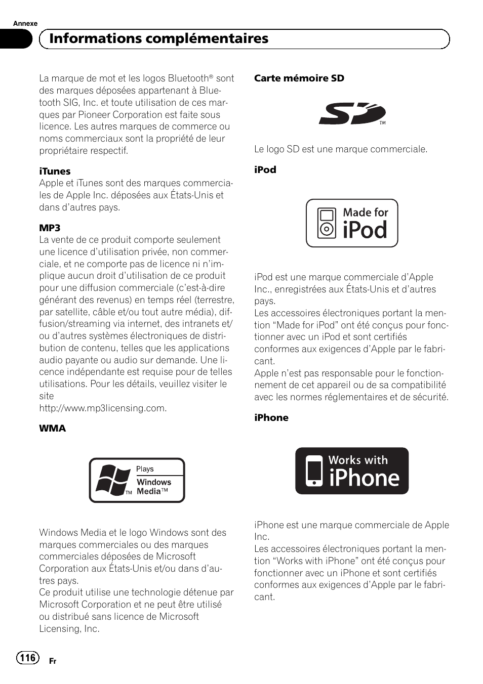 Informations complémentaires | Pioneer MVH-P8200BT User Manual | Page 116 / 184