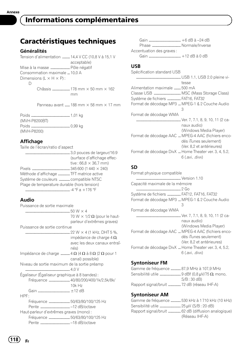Caractéristiques techniques, Informations complémentaires | Pioneer MVH-P8200BT User Manual | Page 118 / 184