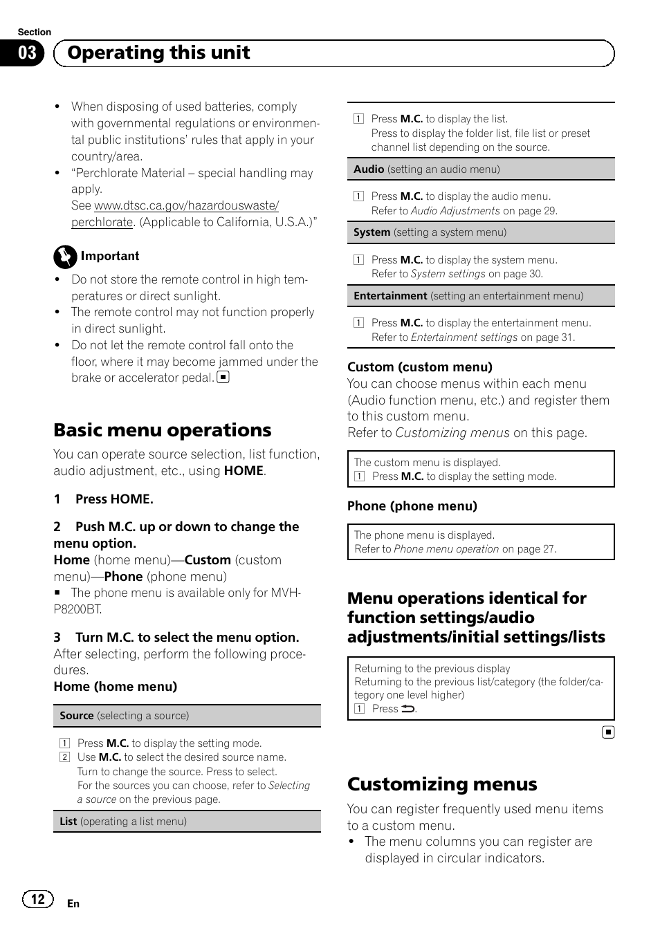 Basic menu operations, Menu operations identical for function, Settings/audio adjustments/initial settings/lists | Customizing menus, 03 operating this unit | Pioneer MVH-P8200BT User Manual | Page 12 / 184