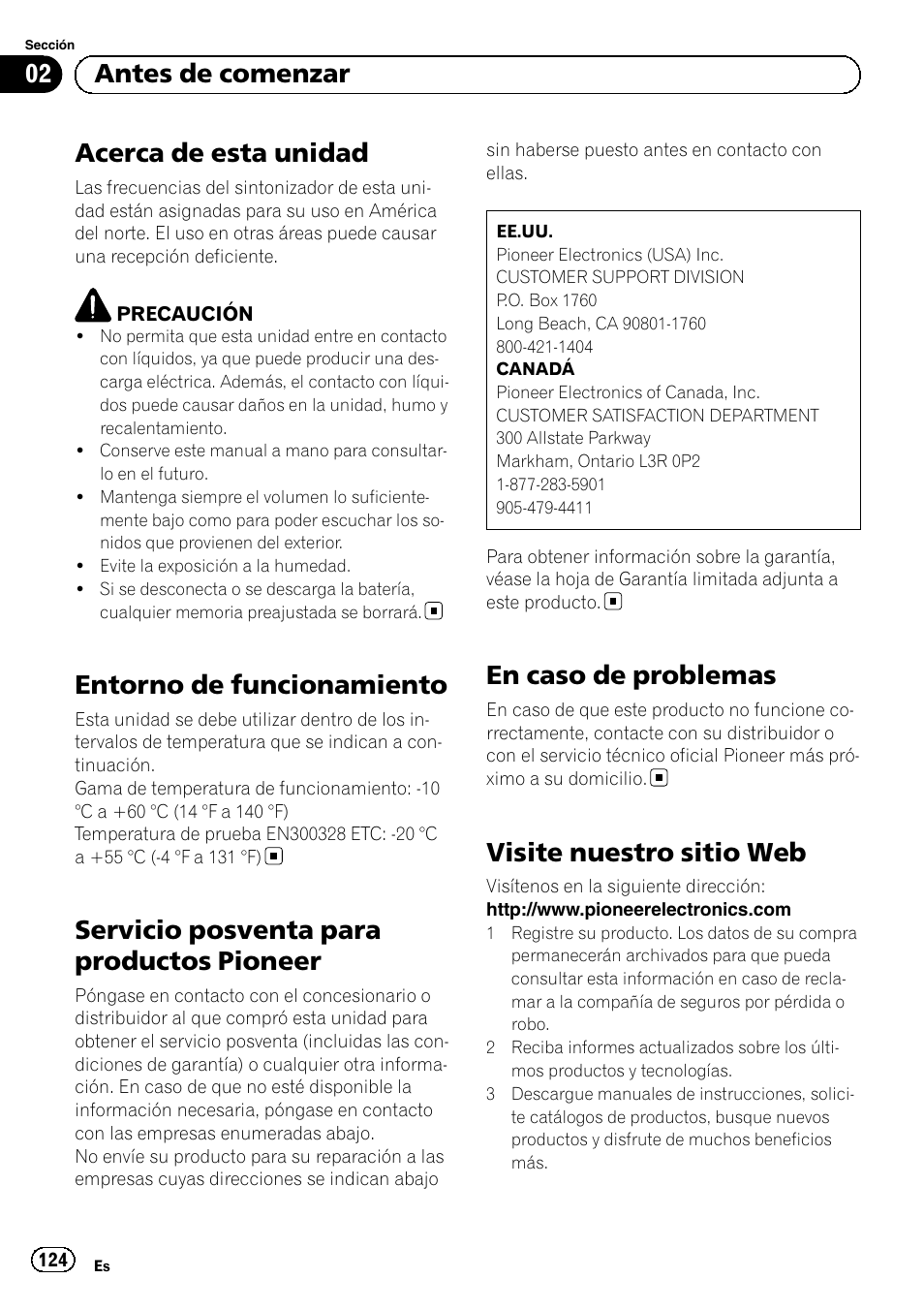 Antes de comenzar acerca de esta unidad, Entorno de funcionamiento, Servicio posventa para productos | Pioneer, En caso de problemas, Visite nuestro sitio web, Acerca de esta unidad, Servicio posventa para productos pioneer, 02 antes de comenzar | Pioneer MVH-P8200BT User Manual | Page 124 / 184