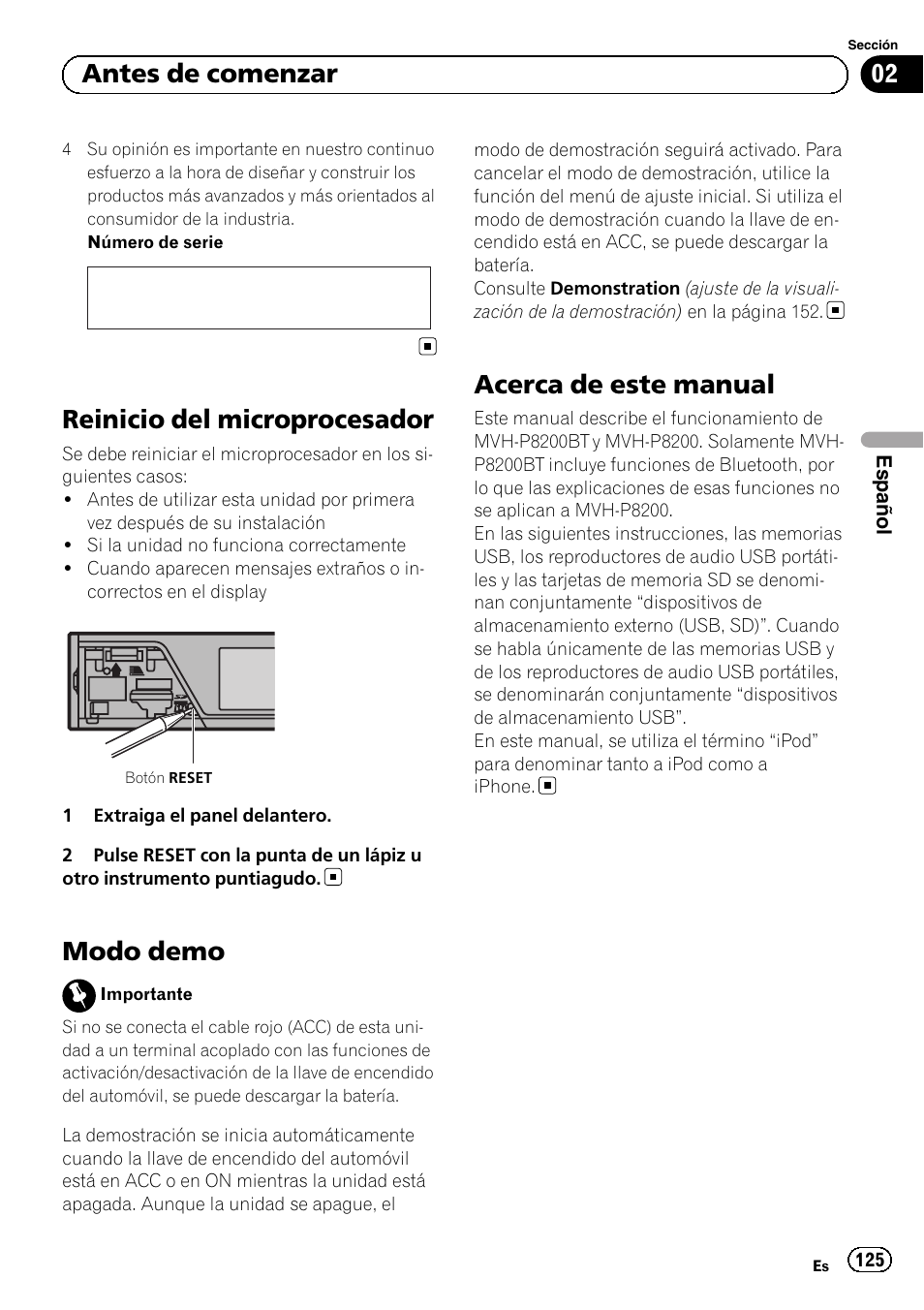 Reinicio del microprocesador, Modo demo, Acerca de este manual | 02 antes de comenzar | Pioneer MVH-P8200BT User Manual | Page 125 / 184